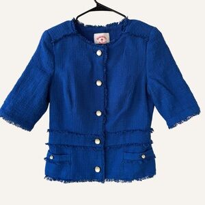 Brooks Brothers Red Fleece Blue Tweed Bouclé Fringe Collarless‎ Jacket Blazer